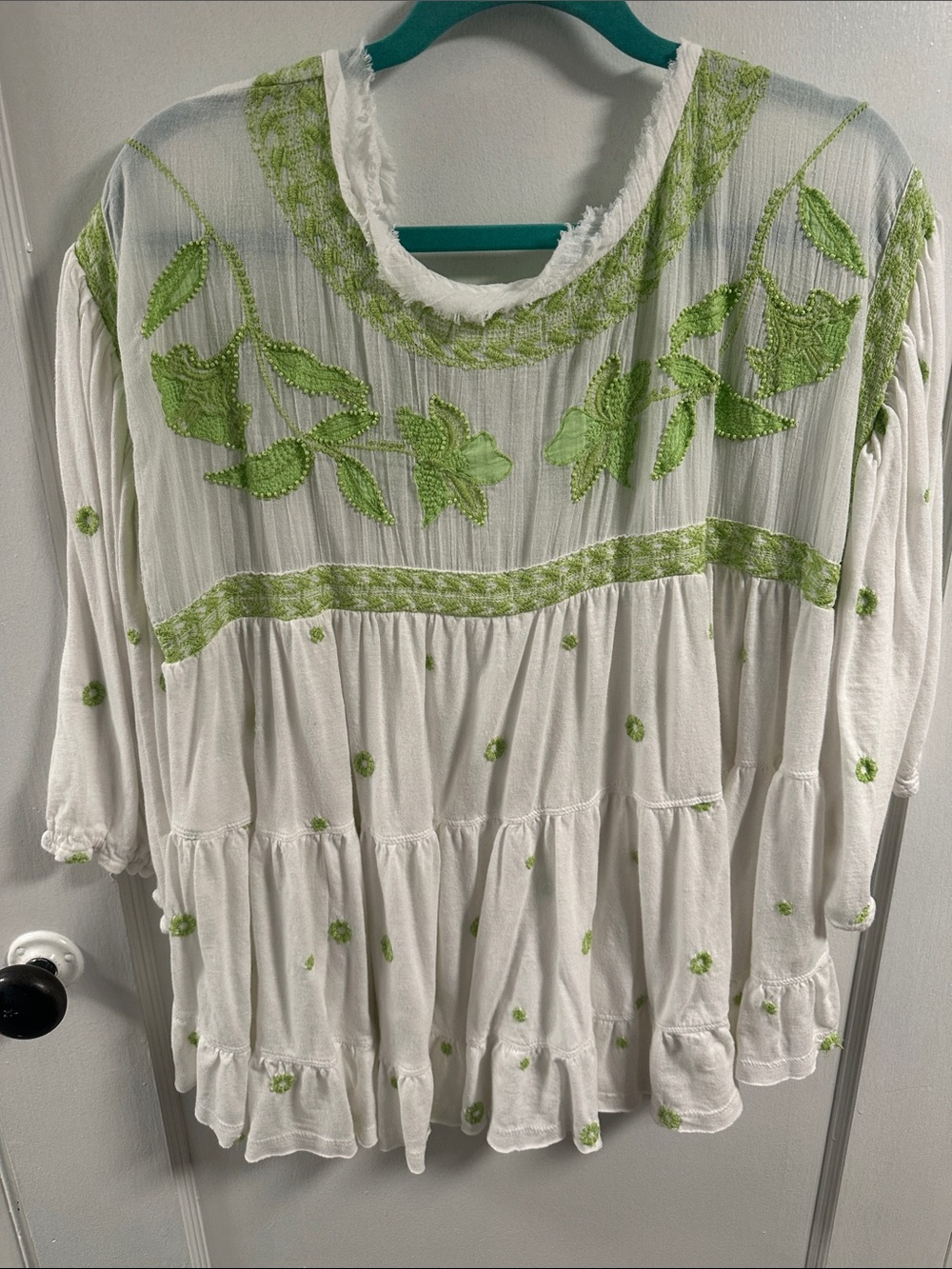 Free People White Peasant Top with Lime Green Floral Embroidery